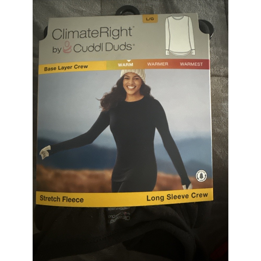 NWT Climate Right Cuddl Duds Base Layer Stretch Fleece LS Black Crew Top L New